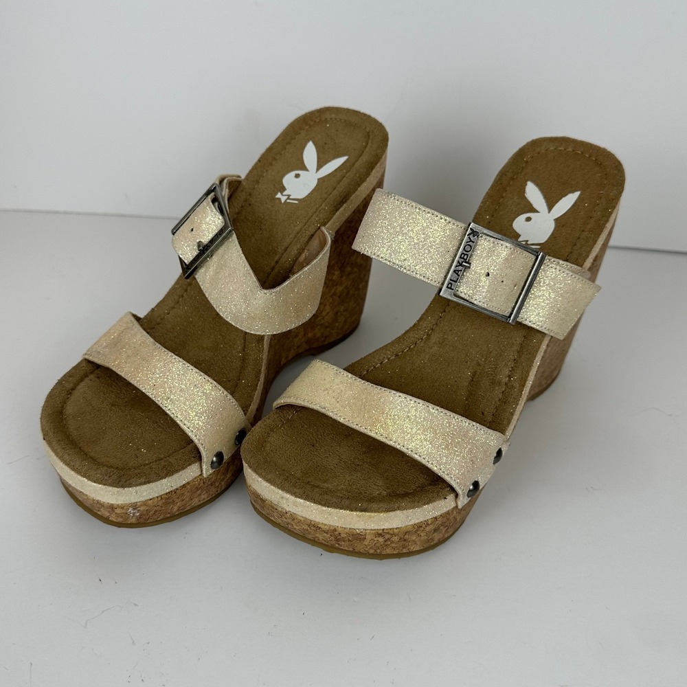 Playboy Patty Gold Glitter Cork Wedge Platform Sandals Womens 6.5 M Y2K 5325